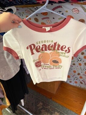 Full Tilt White Crop Tee with Rust Trim and Peach Graphic